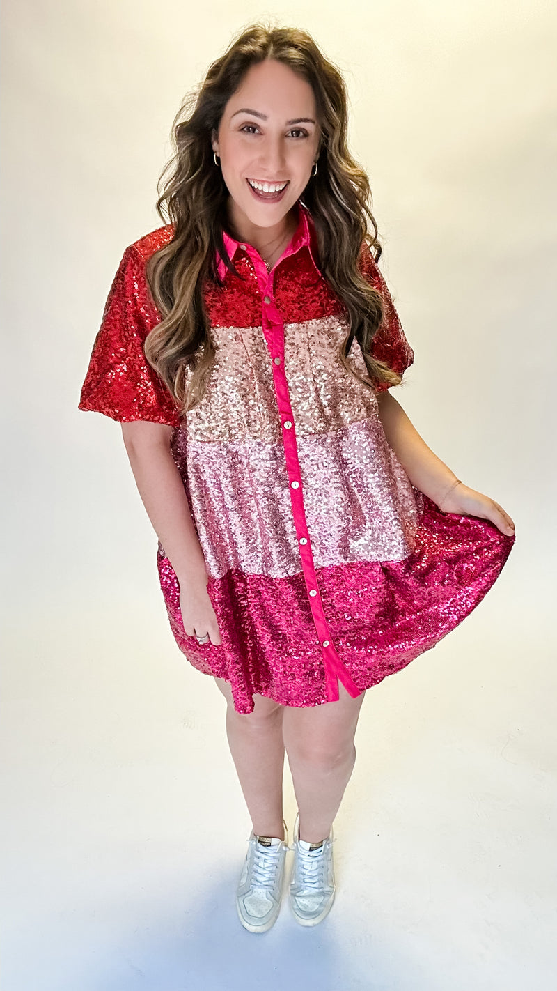 Red Colorblock Sequin Buttondown Dress