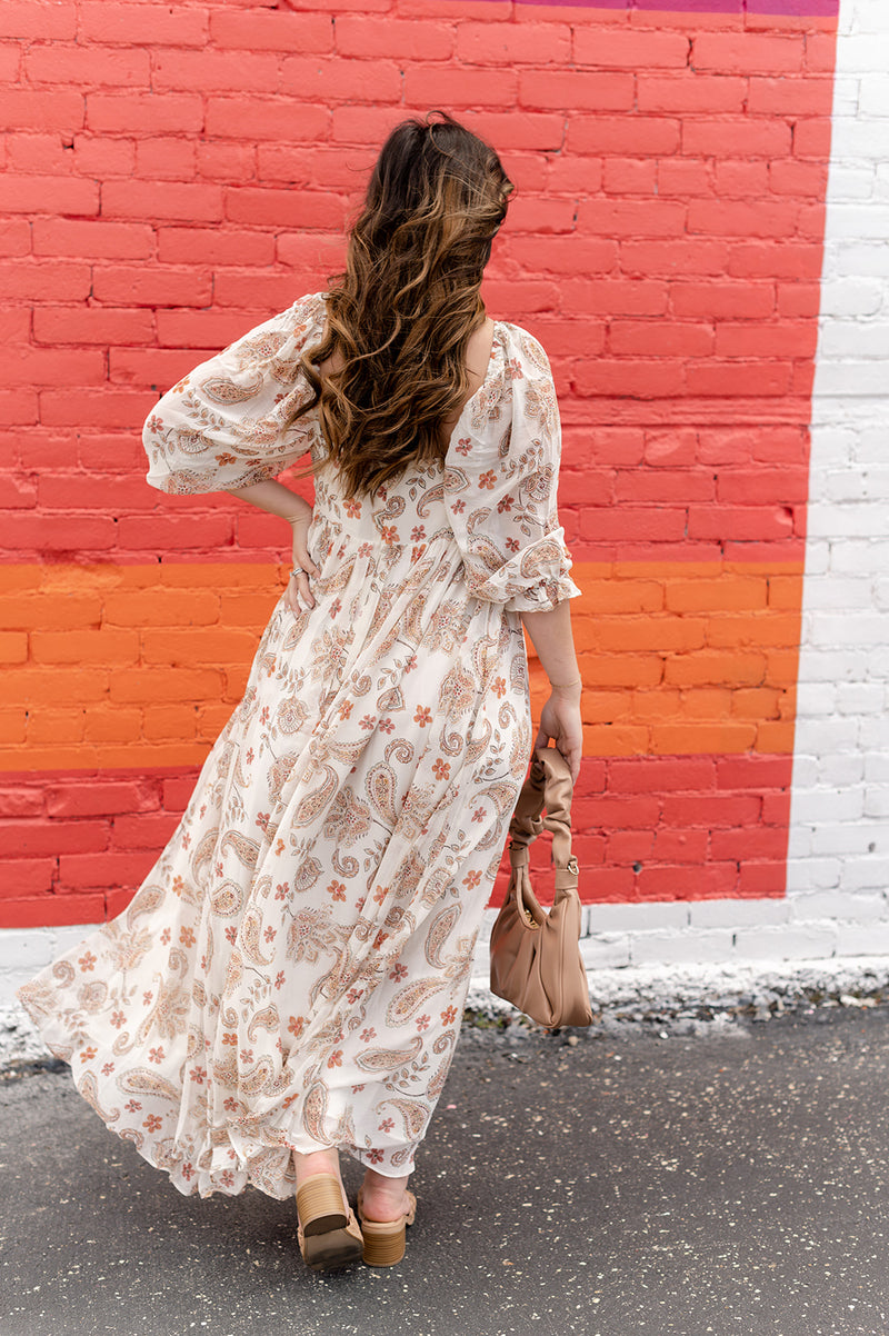 Ivory Paisley Pattern Maxi Dress-Quarter Sleeve Dress-Storia-Peachy Keen Boutique, Women's Fashion Boutique, Located in Cape Girardeau and Dexter, MO