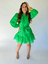 Green Square Pattern Long Sleeve Dress